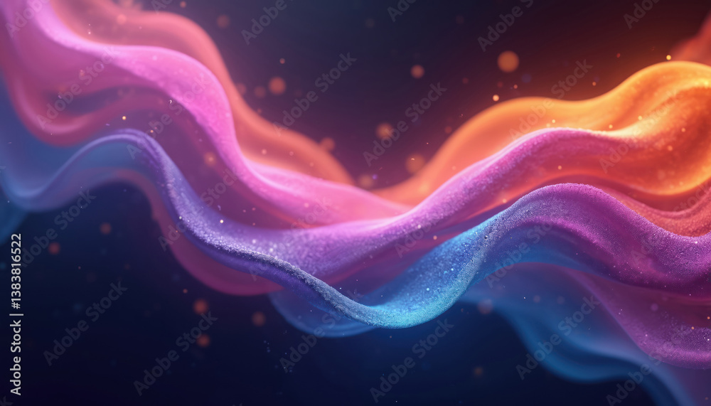 Poster Abstract art featuring vibrant flowing forms in shades of purple blue and orange. Digital 3d rendering creates a dynamic motion effect. Perfect for web design graphic design, creative projects.