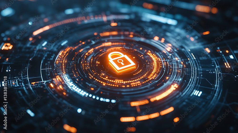 Aufkleber Digital padlock icon, network cyber security technology and data protection technology on a virtual dashboard, futuristic innovative technologies