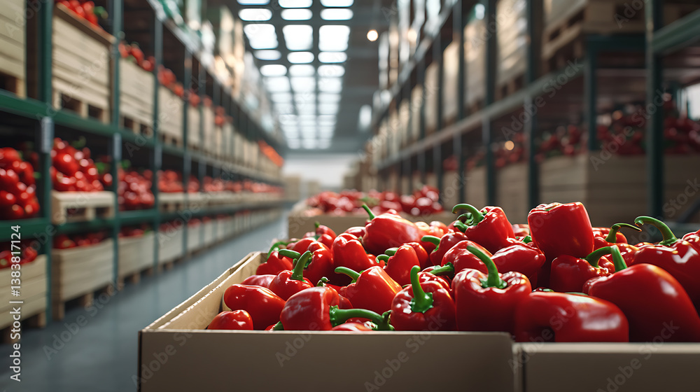 Poster distributed peppers in boxes in warehouse