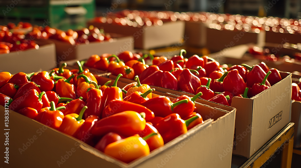 Poster distributed peppers in boxes in warehouse