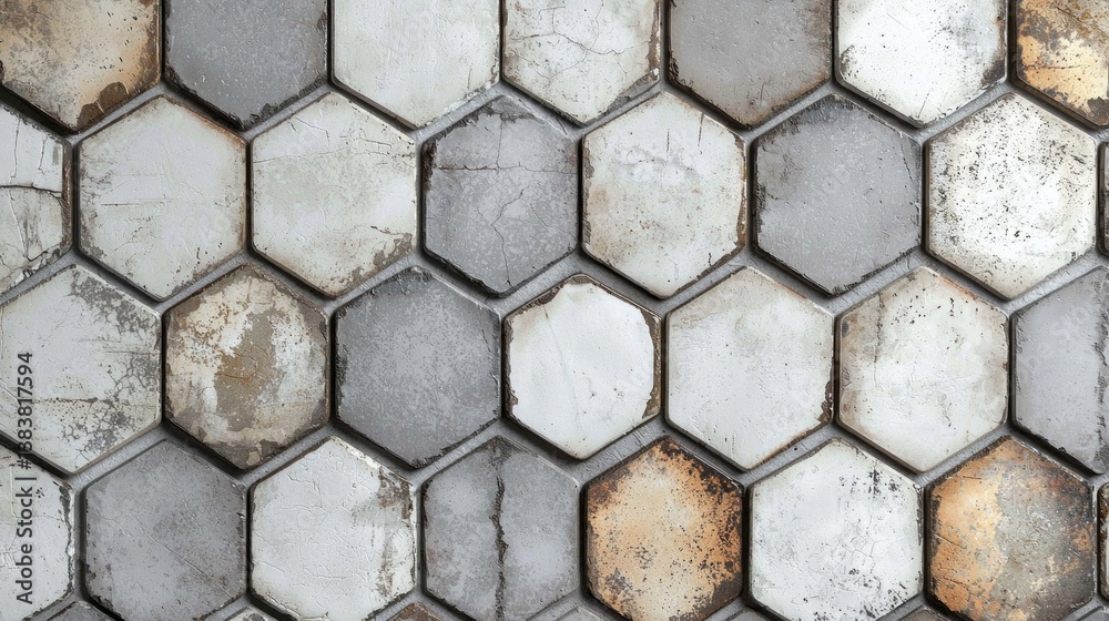 Poster fading grout and wear reveal layers of history on these hexagonal tiles, showcasing a blend of moder