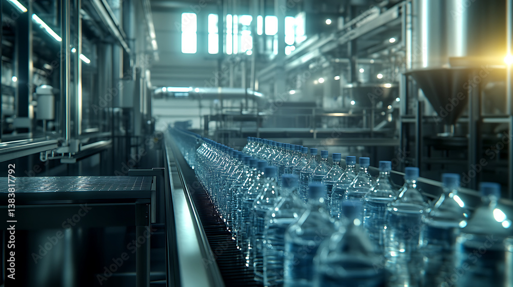 Poster drinking water production plant, bottles on a factory conveyor with an automatic line for packaging 