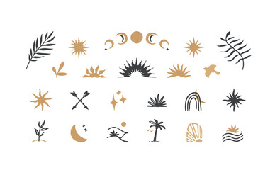 Mystical boho icon set. Celestial and natural design elements, perfect for web, cover stories, printing and posts. Isolated abstract vector symbols on white background. © NastyaTsy