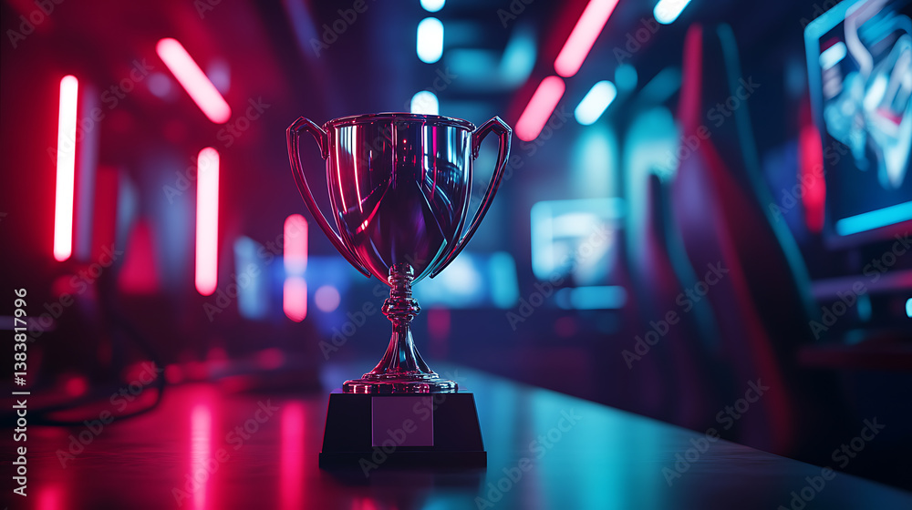 Aufkleber e-sports trophy at studio illuminated by neon lights with blurred background