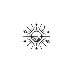 Obraz premium Celestial Sunrise: Minimalist Sun, Stars & Planets Graphic on White