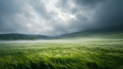 Overcast sky with gentle mist rolling over green fields