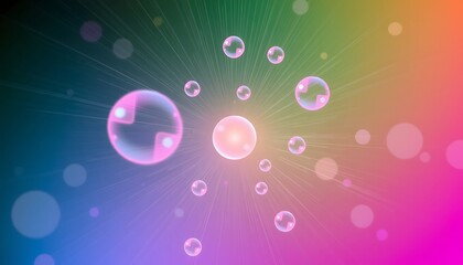 Round, clear objects float against a vibrant background. Light radiates from the objects.