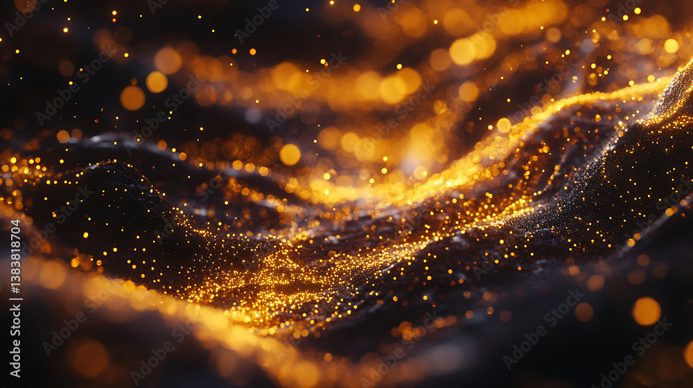 Poster elegant abstract gold bokeh lights on a dark black background, creating a luxurious and shimmering e