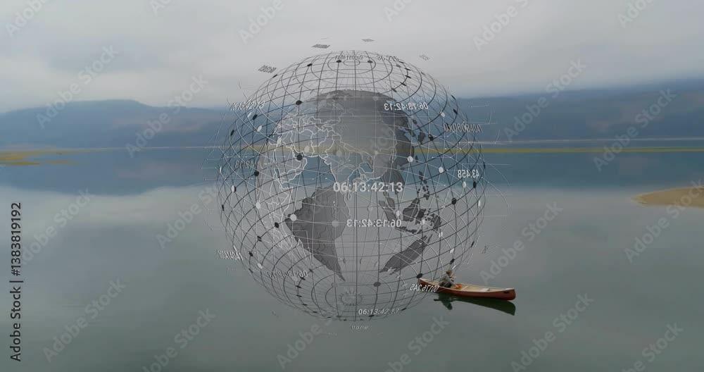 Poster digital globe with data points animation over serene lake and canoe scene