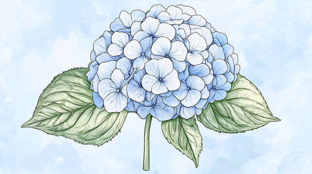 Elegant line drawing of a hydrangea flower, illustration for invites and cards