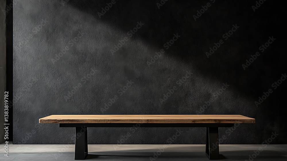Poster Empty old wood table and black background for product display presentation with dark concrete wall, copy space concept