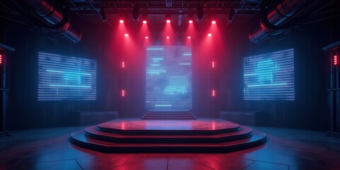 Futuristic stage setup featuring glowing red and blue lights, digital screens, and a polished floor, perfect for events, performances, or technology-themed visuals.