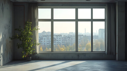 Obraz premium Empty room with big window and city view