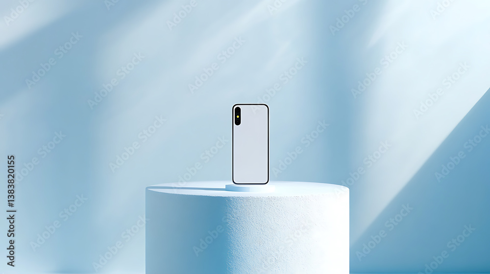 Aufkleber empty white mobile phone on pedestal and blue background with mock up place, product placement, tech