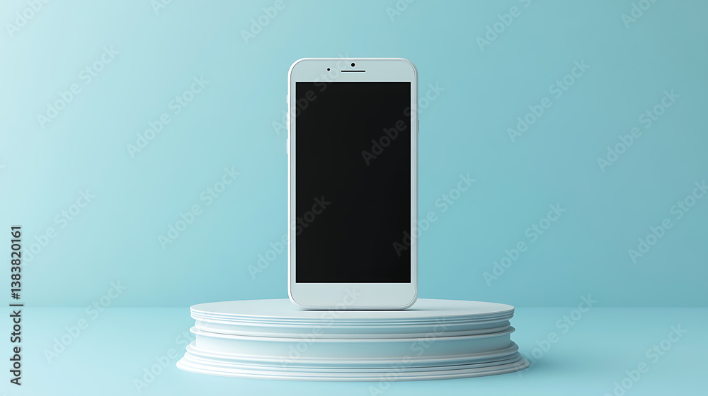 Poster empty white mobile phone on pedestal and blue background with mock up place, product placement, tech