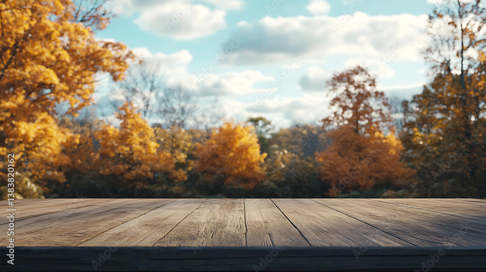 Aufkleber empty wooden desk with autumn trees and sky background