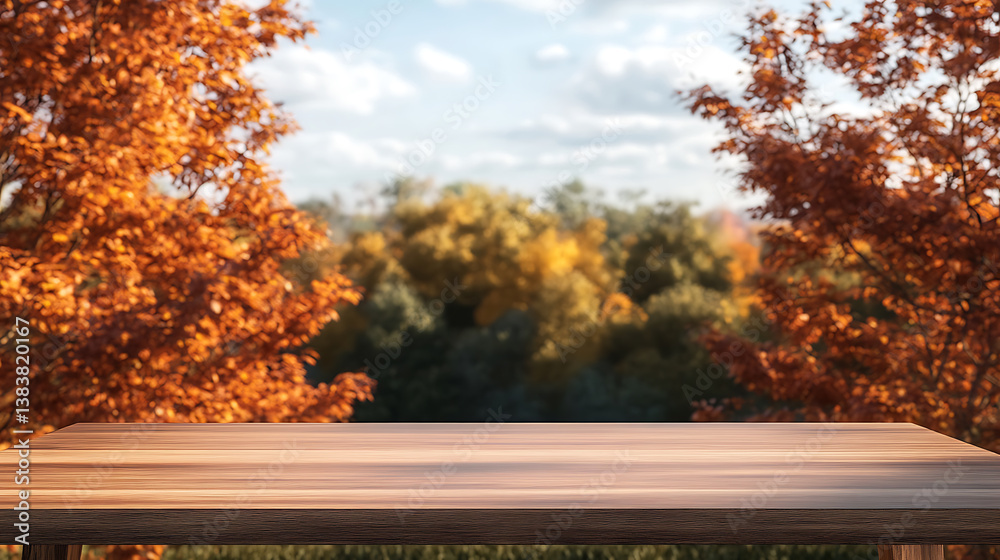 Poster empty wooden desk with autumn trees and sky background
