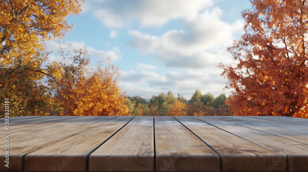 Poster empty wooden desk with autumn trees and sky background