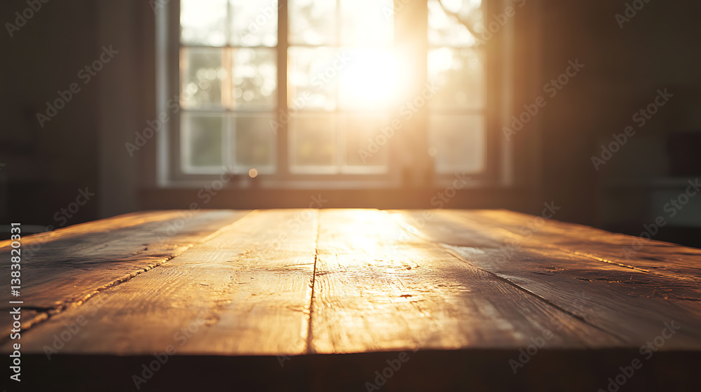 Poster empty wooden table near the opened window with the sun shining though it