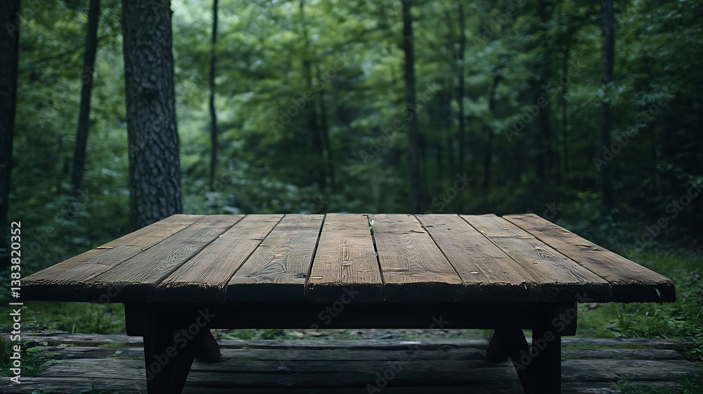 Poster empty wooden table in front of green forest background, ready for product display montage