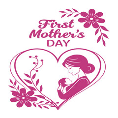 Happy Mother's Day Card with Heart and Couple Illustration in Pink Featuring Mom, Baby, and Family Silhouettes, Romantic Love Design