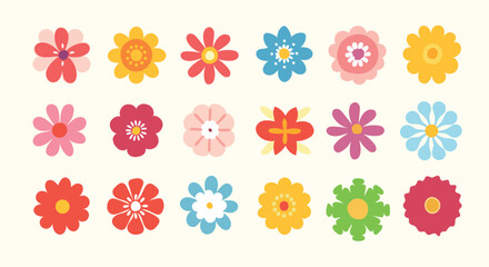 colorful decorative flowers in various shapes. Hand-drawn floral elements