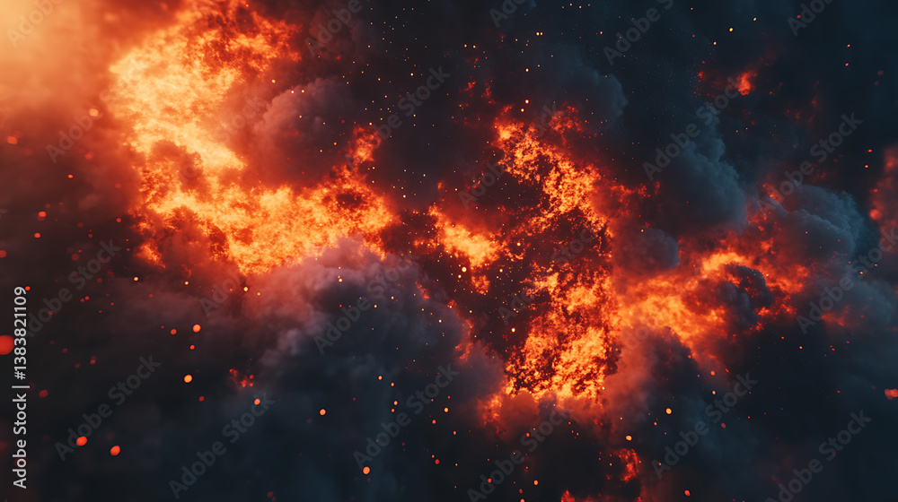 Poster explosions of bombs on a black background, flames and flashes from dynamite