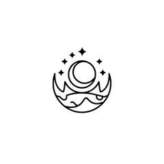 Celestial Landscape Line Art Logo: Moon, Stars, Mountains, Serene, Minimal