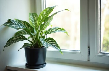 Fototapeta premium Dieffenbachia plant, houseplant in a black pot stands on the white windowsill. Green leaves with white spots. Home interior with natural light, bright sunny day. Eco decor in cozy room.