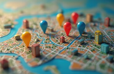 Colorful map features location pins representing multiple points of interest across detailed city landscape. City landmarks, tour, travel, tourism, journey, sightseeing, planning, guidance,