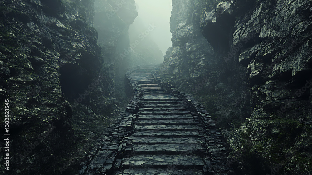 Poster fantasy empty stone road and steps between high cliffs