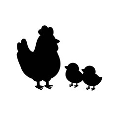 Silhouette of Hen with Chicks – Farm Animal Vector Illustration.