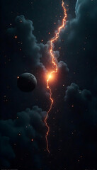 Naklejka premium A lightning bolt strikes through dark clouds, illuminating a nearby planet with a soft glow, stars scattered around