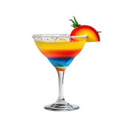 Colorful layered drink garnished with fruit slice and salt rim showcasing vibrant hues, glass colorful drink with a garnish on the rim, white background