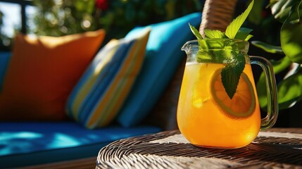Glass pitcher of orange-colored drink on a wicker table. the pitcher has a slice of lemon and a sprig of mint on top.