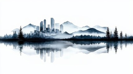 Fototapeta premium Serene Minimalist Watercolor Cityscape with Reflection of Urban Buildings and Mountains in Soft Hue