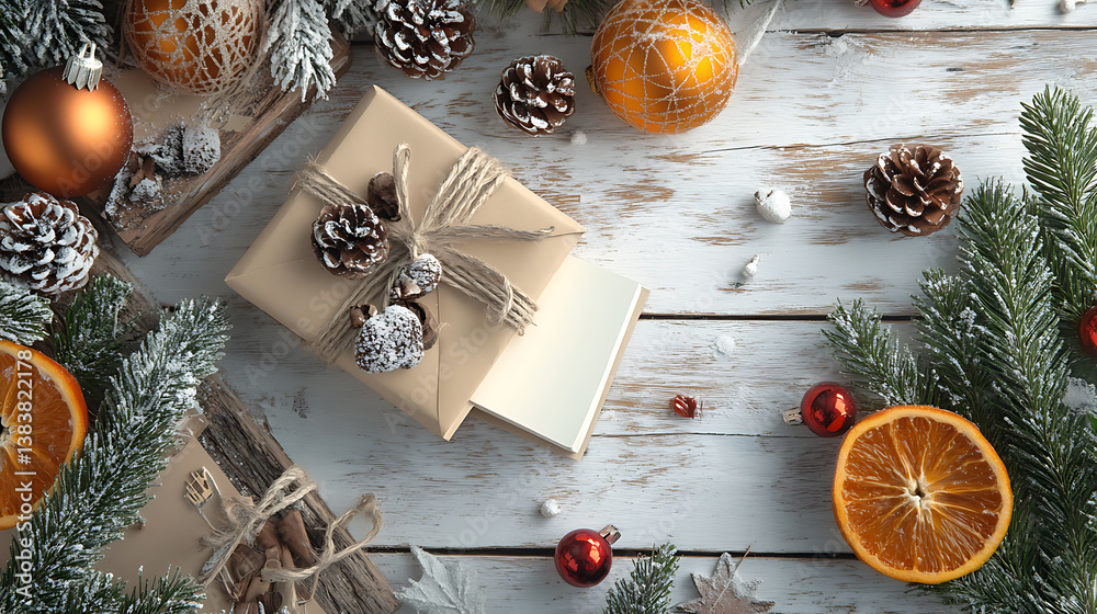 Poster Festive decorations and a notebook with a wish list on a white rustic table