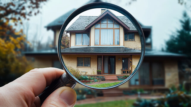 Close-up of Hand Holding Magnifying Glass Over a Two-Story House, Concept of Property Inspection, Real Estate Investment, and Home Buying Process