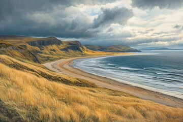 A dramatic coastal landscape of the Scottish Highlands with a moody sky, rugged coastline, and tranquil bay in a panoramic vista
