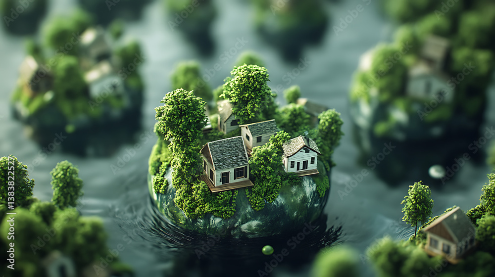 Aufkleber floating mini world, planet earth with tiny houses with tiny trees
