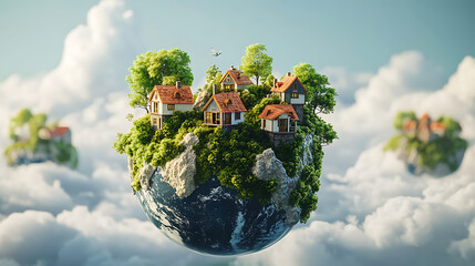 Floating mini world, planet earth with tiny houses with tiny trees