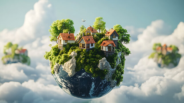 Floating mini world, planet earth with tiny houses with tiny trees