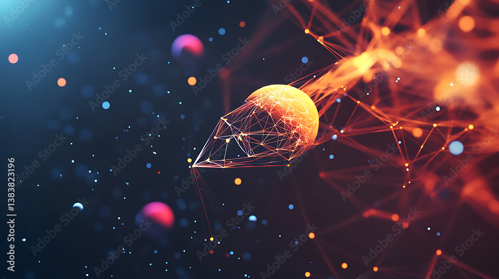 Poster flying rocket with planets in space, low poly style design, abstract geometric background, wireframe