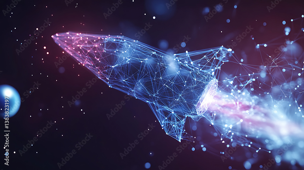 Poster flying rocket with planets in space, low poly style design, abstract geometric background, wireframe