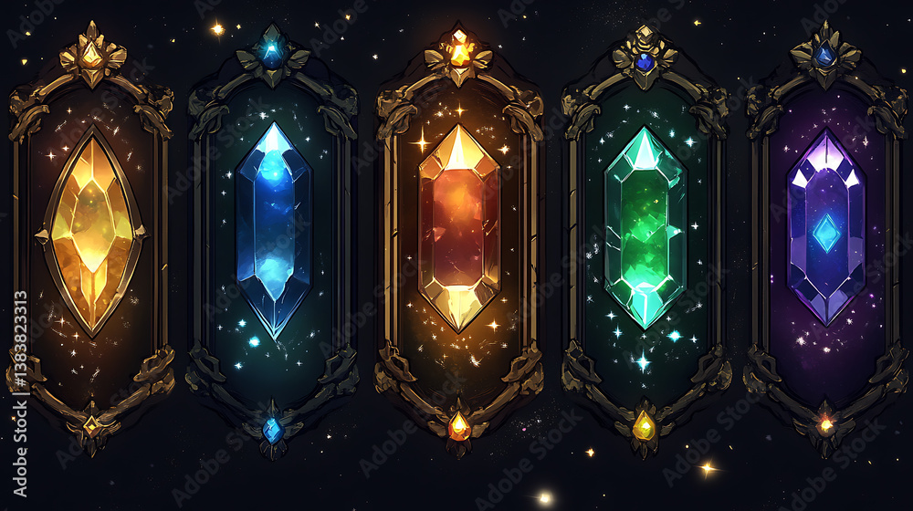 Poster for game gui ui design, precious stones in gold and silver frames with stars and fantasy frames, mod