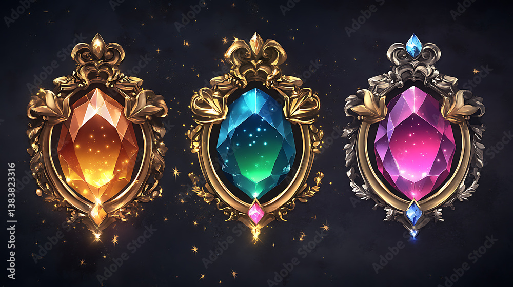 Aufkleber for game gui ui design, precious stones in gold and silver frames with stars and fantasy frames, mod