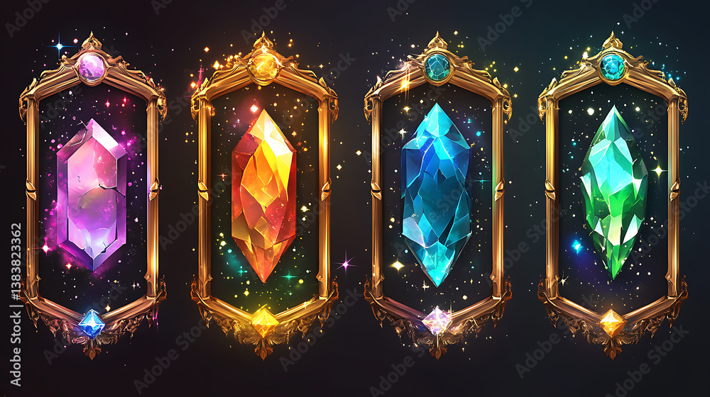 Poster for game gui ui design, precious stones in gold and silver frames with stars and fantasy frames, mod