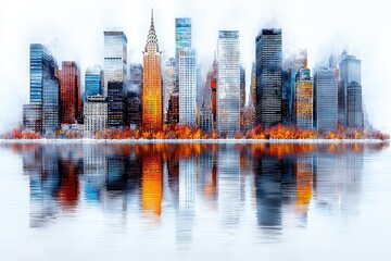 Serene Watercolor Cityscape Illustration Featuring Skyscrapers and Reflections in a Minimalist Style with an Autumn Palette