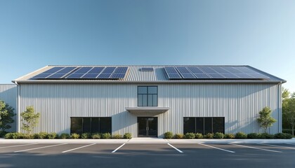 Modern warehouse building utilizes solar panels roof. Exterior shot of industrial construction. Renewable energy for sustainable eco-friendly future. Solar panels generate power in parking, against