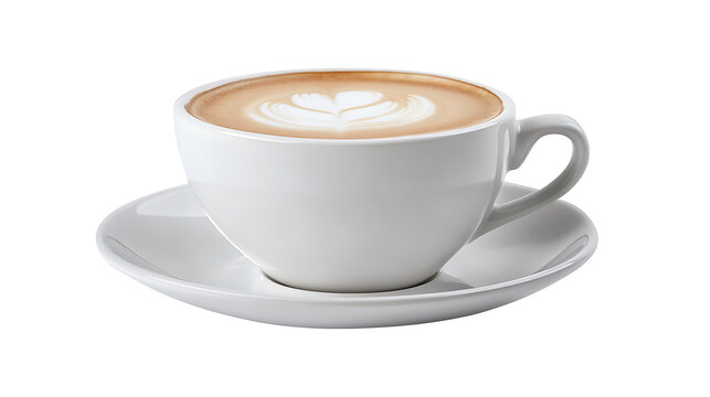 Fresh cappuchino or flat white coffee in a white cup with latte art on it close-up, high quality photo